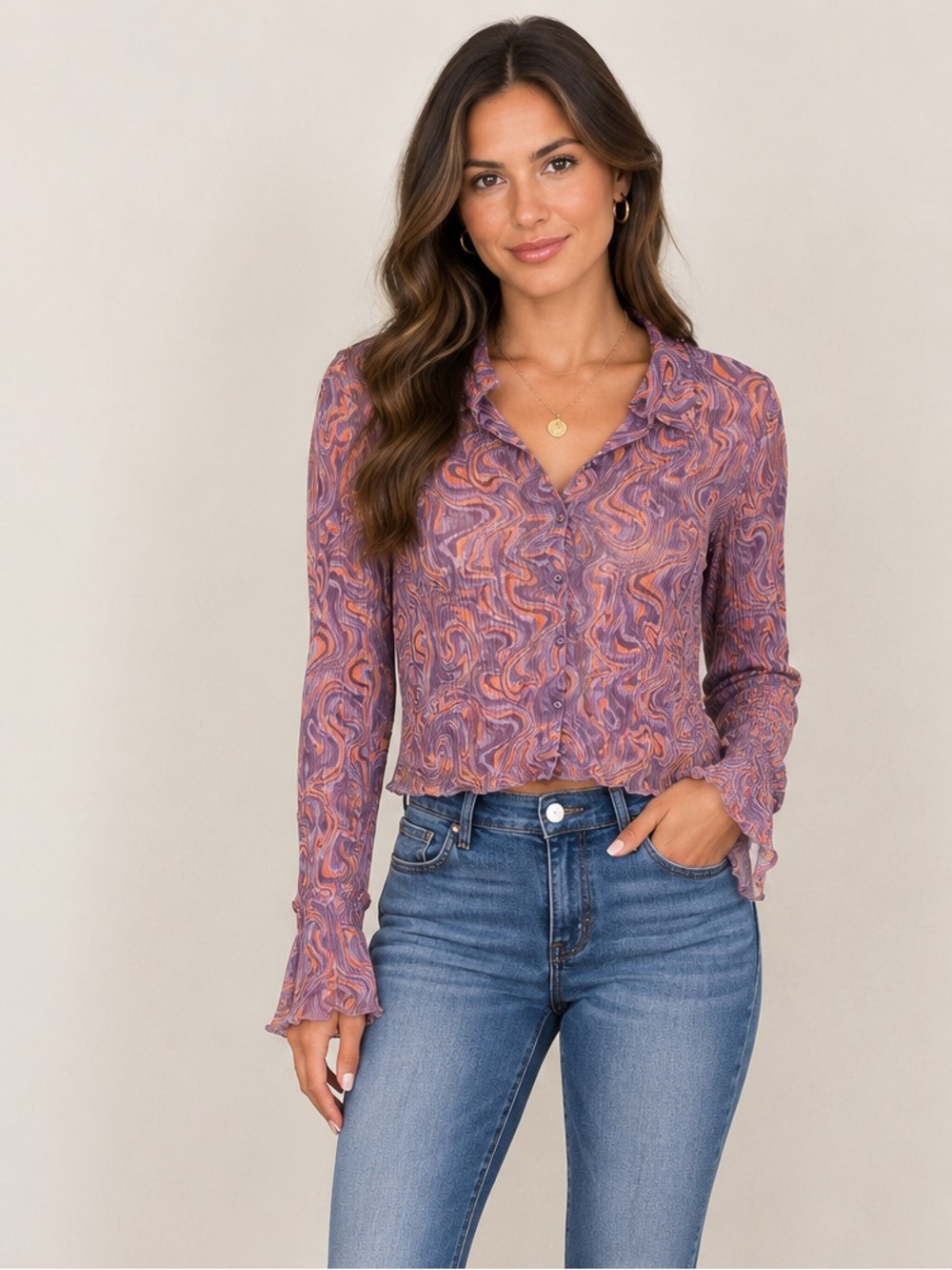 NWT Women's Purple Swirl Button-Up Blouse